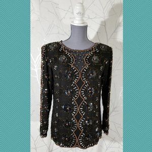 Oleg Cassini Vintage Beaded Sequined Silk Blouse Pasty Disco
